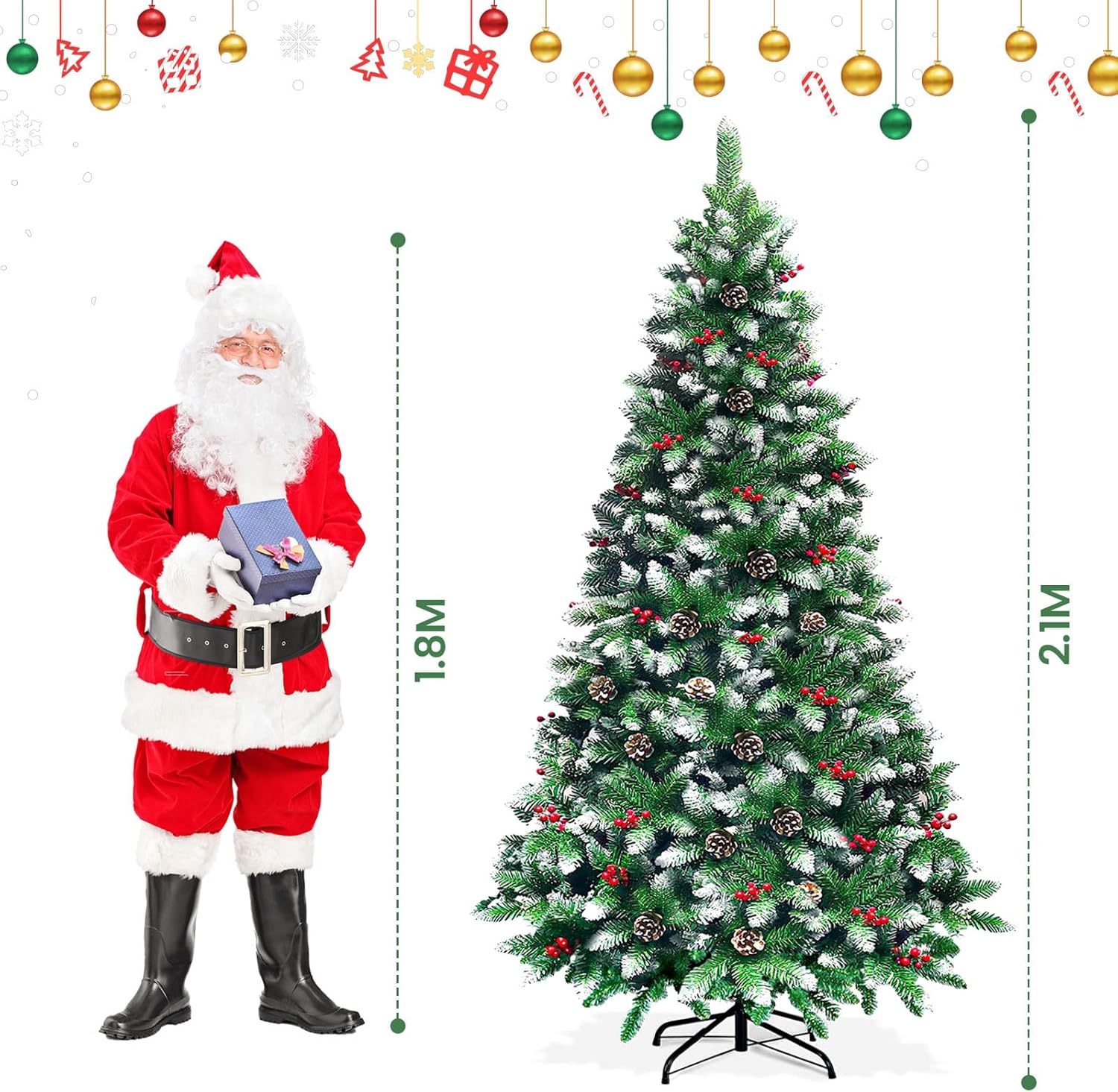 2.1M Árbol de Navidad Nevado, 1200 PVC Ramas, Árbol de Navidad Artificial con Bayas Rojas y Piñas, Soporte de Metal, Decoraciones Navideñas para Uso Interior y Exterior