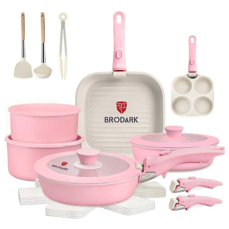 Brodark Batería De Cocina Juego De Sartenes 7/18/20/22 Piezas De Utensilios Antiadherentes Ollas Y Sartenes Medical Stone Con Mangos Desmontables Y Tapas De Vidrio, Compatible Con Inducción Gas Y Horno, Esquema de colores de la dopamina