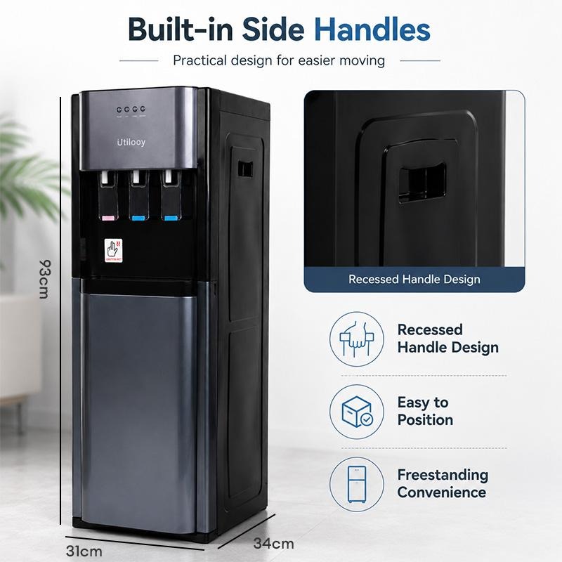 DRELIFE Dispensador de Agua Fría y Caliente de Carga Inferior, Enfriador de Agua de Pie con Gabinete de Almacenamiento, Water Cooler con Sistema de Seguridad y Bandeja de Goteo Extraíble para Hogar, Oficina y Hotel
