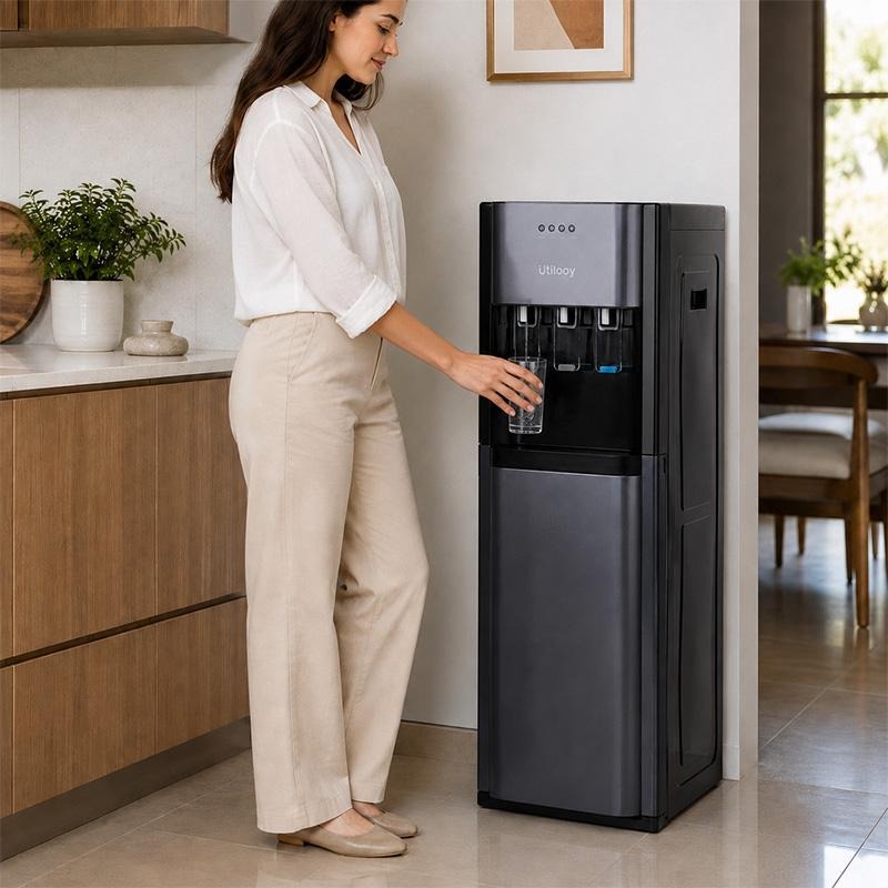 DRELIFE Dispensador de Agua Fría y Caliente de Carga Inferior, Enfriador de Agua de Pie con Gabinete de Almacenamiento, Water Cooler con Sistema de Seguridad y Bandeja de Goteo Extraíble para Hogar, Oficina y Hotel