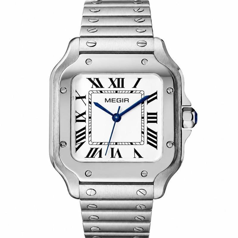 MEGIR Reloj mecánico automático cuadrado, esfera blanco y negro, caja y correa acero inoxidable 904L, cristal zafiro, reloj totalmente mecánico para hombre