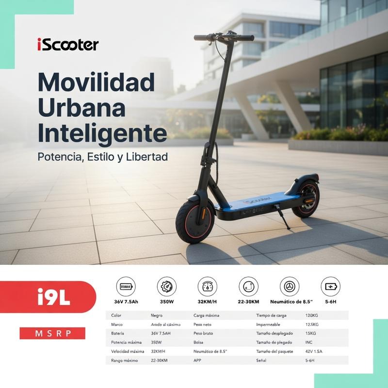 Patinete Eléctrico i9L: 350W de potencia, batería 36V 7.5Ah, neumáticos de 8.5" y App integrada. ¡Todo lo que necesitas!