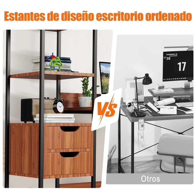 Escritorio para Computadora con Estantería y 2 Cajones, Mesa de Oficina con Almacenamiento, Estructura Metálica, Escritorio Multifuncional para Home Office