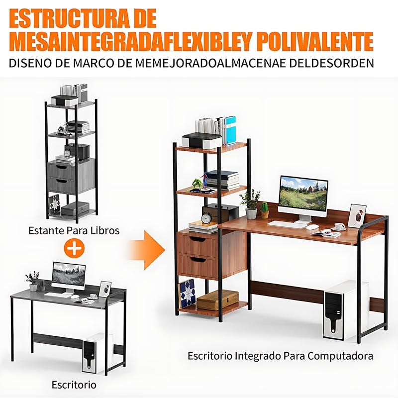 Escritorio para Computadora con Estantería y 2 Cajones, Mesa de Oficina con Almacenamiento, Estructura Metálica, Escritorio Multifuncional para Home Office