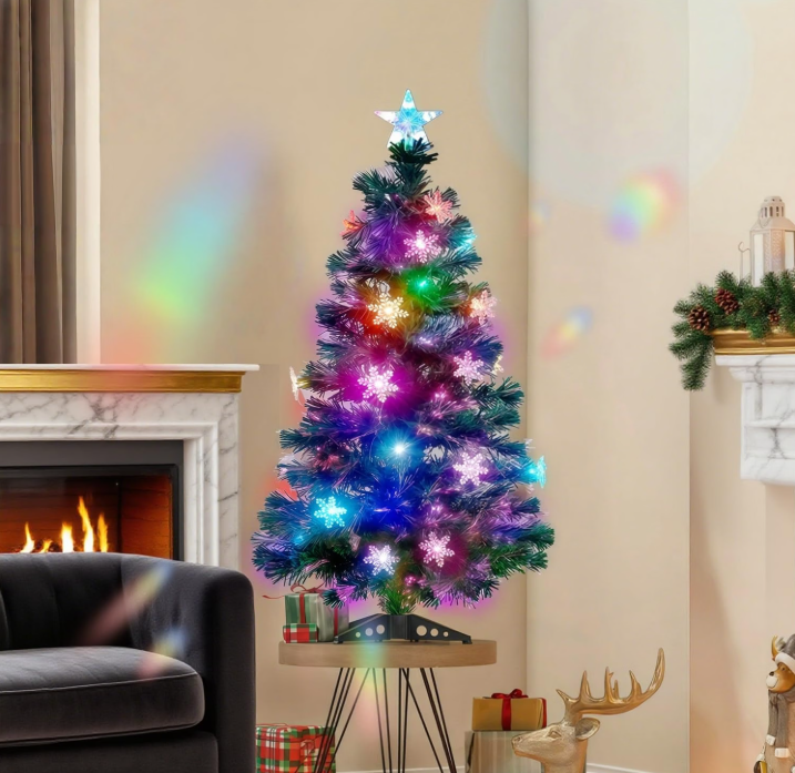 Juegoal Árbol de Navidad Artificial Verde Preiluminado de 3 pies, Mini Árboles de Navidad de Mesa de Fibra Óptica Iluminada con Luces que Cambian de Color, Copos de Nieve y Estrella Superior, Árbol