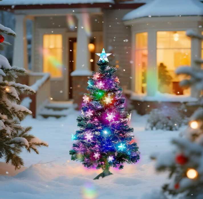 Juegoal Árbol de Navidad Artificial Verde Preiluminado de 3 pies, Mini Árboles de Navidad de Mesa de Fibra Óptica Iluminada con Luces que Cambian de Color, Copos de Nieve y Estrella Superior, Árbol