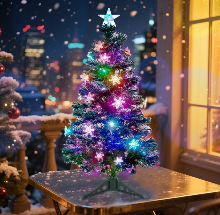 Juegoal Árbol de Navidad Artificial Verde Preiluminado de 3 pies, Mini Árboles de Navidad de Mesa de Fibra Óptica Iluminada con Luces que Cambian de Color, Copos de Nieve y Estrella Superior, Árbol