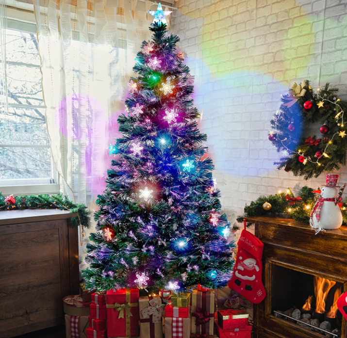 Juegoal Árbol de Navidad Artificial Verde Preiluminado de 3 pies, Mini Árboles de Navidad de Mesa de Fibra Óptica Iluminada con Luces que Cambian de Color, Copos de Nieve y Estrella Superior, Árbol