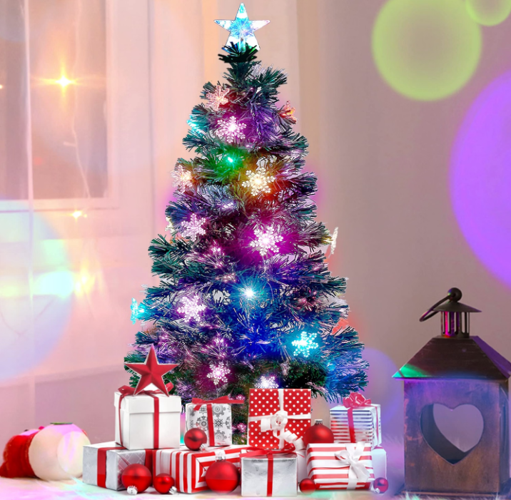 Juegoal Árbol de Navidad Artificial Verde Preiluminado de 3 pies, Mini Árboles de Navidad de Mesa de Fibra Óptica Iluminada con Luces que Cambian de Color, Copos de Nieve y Estrella Superior, Árbol