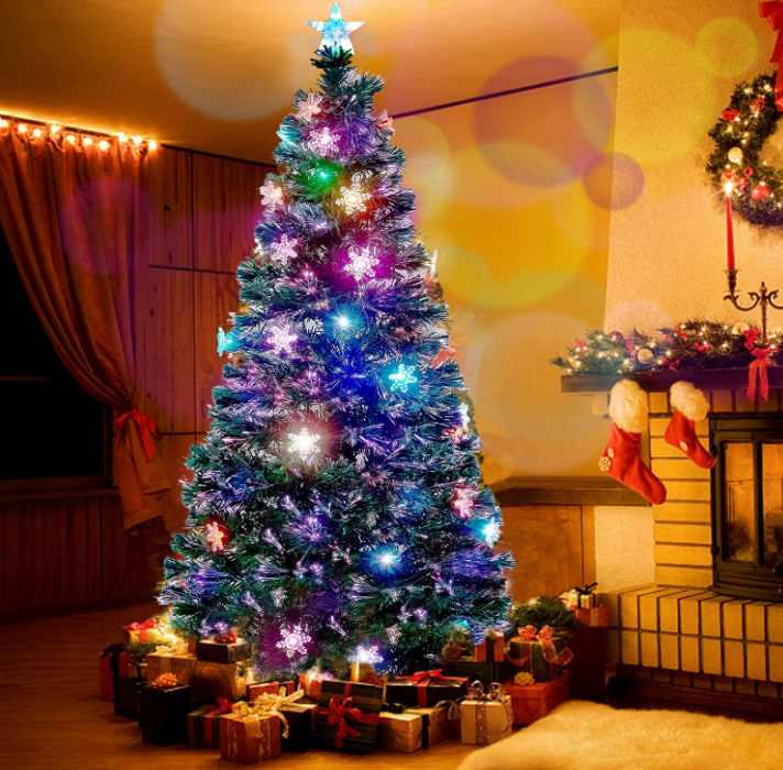 Juegoal Árbol de Navidad Artificial Verde Preiluminado de 3 pies, Mini Árboles de Navidad de Mesa de Fibra Óptica Iluminada con Luces que Cambian de Color, Copos de Nieve y Estrella Superior, Árbol