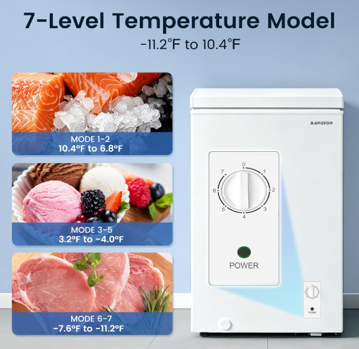 Congelador horizontal de 1,8 pies cúbicos: modelo independiente de apertura superior con cesta extraíble, desagüe de descongelación en la parte inferior y termostato ajustable de 7 niveles; minicongelador compacto para almacenamiento