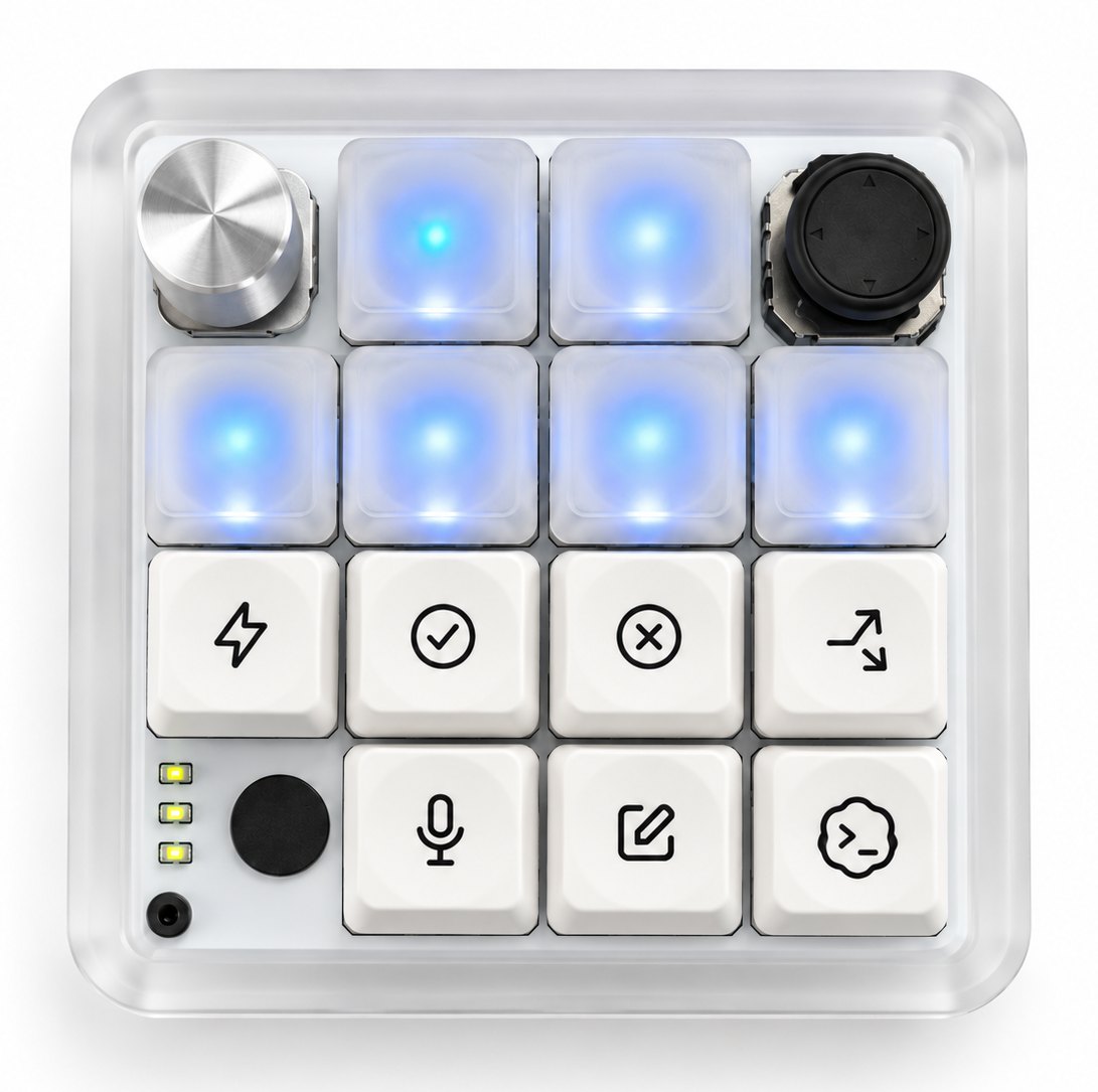 AI Micro seen from above: thirteen keys, a rotary dial, and a joystick