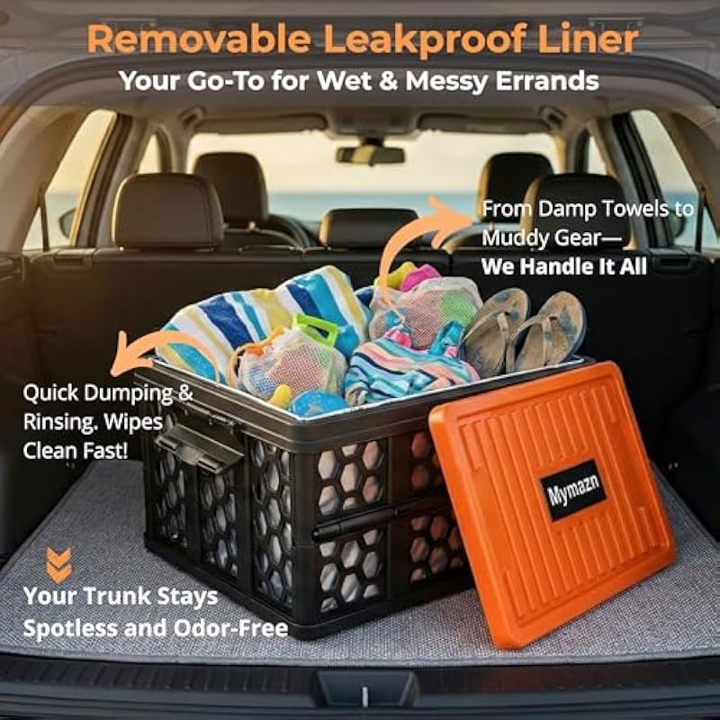 Trunk Organizer Foldable Waterproof Plastic Crate with Lid 40L Capacity