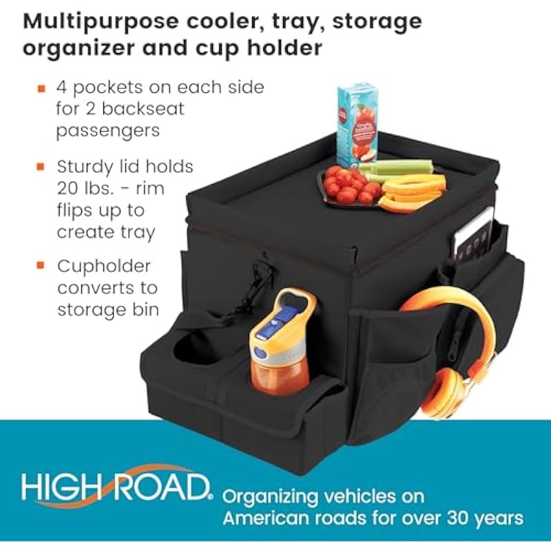 Car Passenger Seat Organizer with Insulated Compartment and Cup Holders