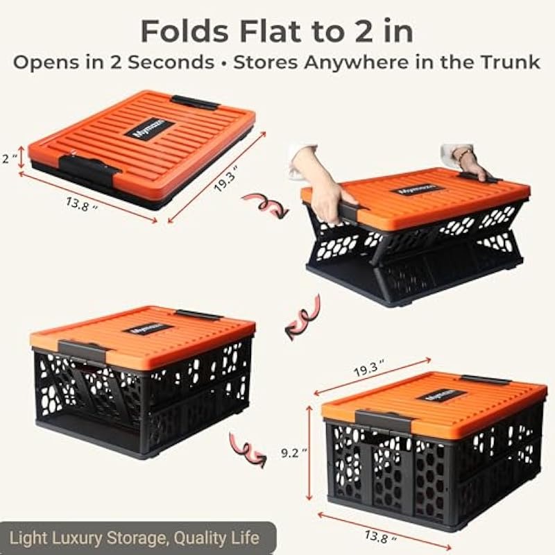 Trunk Organizer Foldable Waterproof Plastic Crate with Lid 40L Capacity