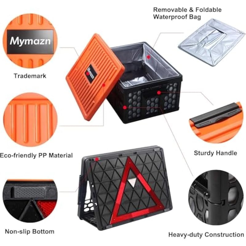 Trunk Organizer Foldable Waterproof Plastic Crate with Lid 40L Capacity