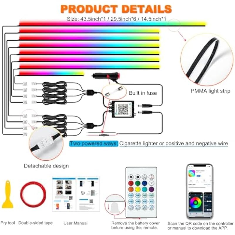 RGB LED Interior Strip Lights – 16M Colors, 213 Modes, App + Remote
