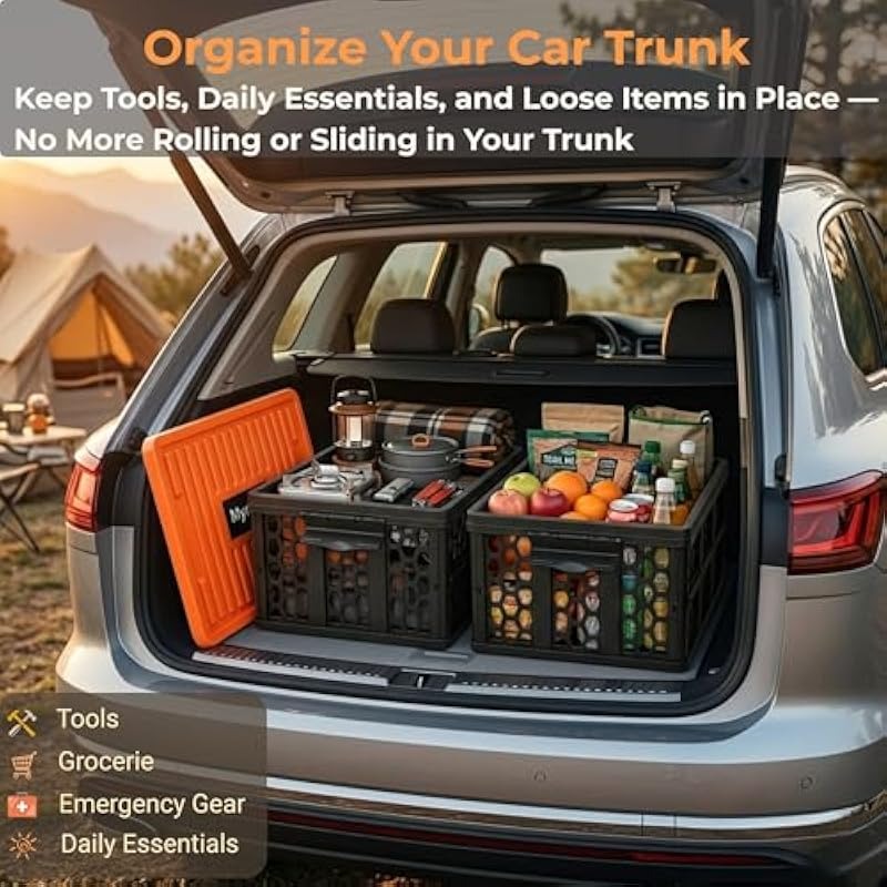 Trunk Organizer Foldable Waterproof Plastic Crate with Lid 40L Capacity