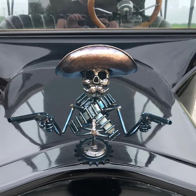 Handmade Cast Cowboy Skull Gunslinger Hood Ornament Sculpture|Metal Art