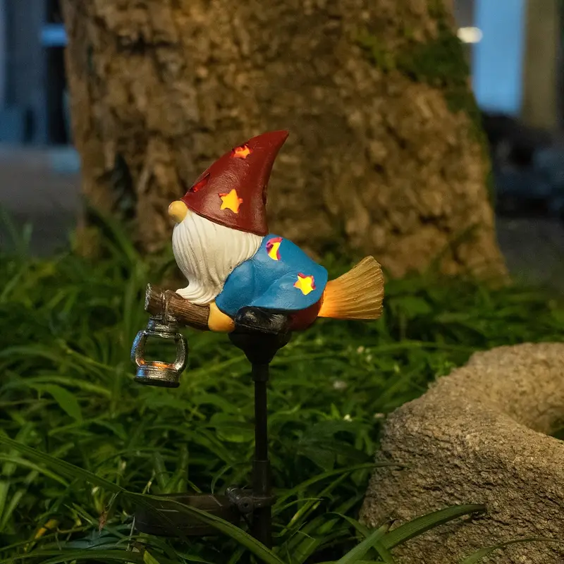 Gnome Statue on a Broom | Solar Light