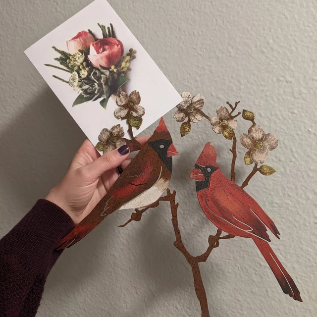 Cardinals on Flowering Dogwood Garden Art | Metal Hand Painted | Cardinal Silhouette