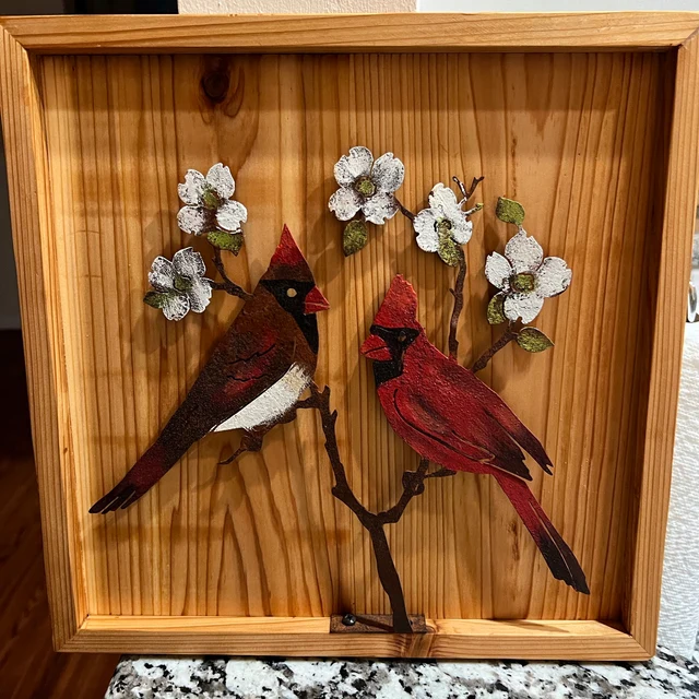 Cardinals on Flowering Dogwood Garden Art | Metal Hand Painted | Cardinal Silhouette