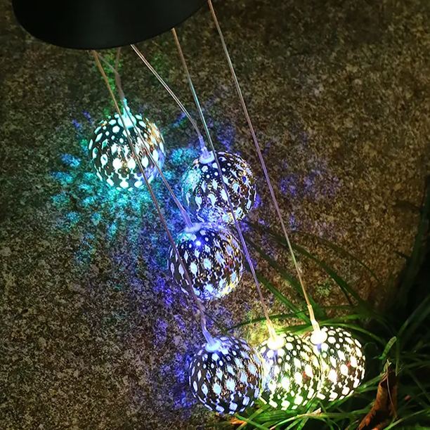 Solar Metal Orb Wind Chime Mobile - Rainbow Color Changing LED Lights