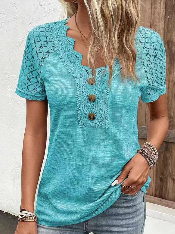 Lace Trim V Neck Loose Button Top