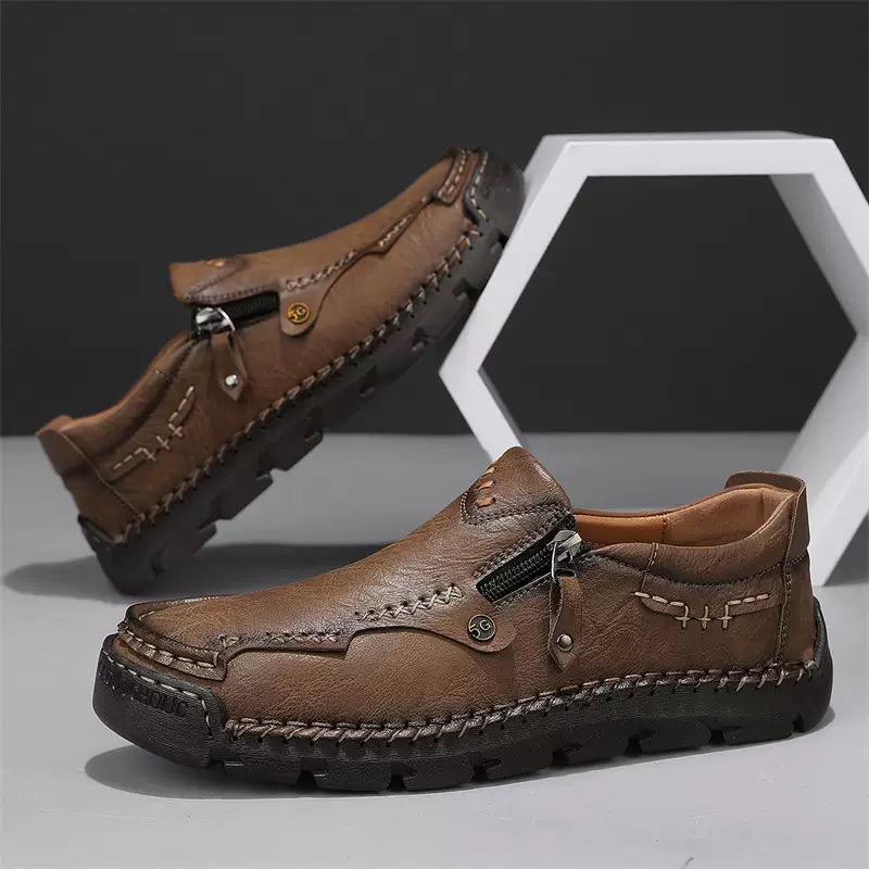 Men Handmade Cowhide Arch Support Zipper Loafers