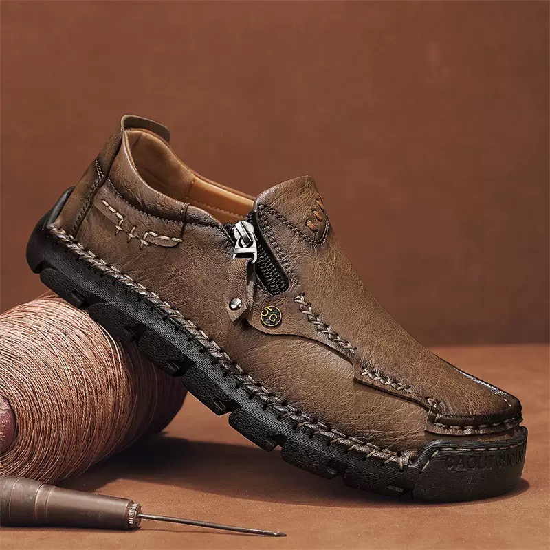 Men Handmade Cowhide Arch Support Zipper Loafers