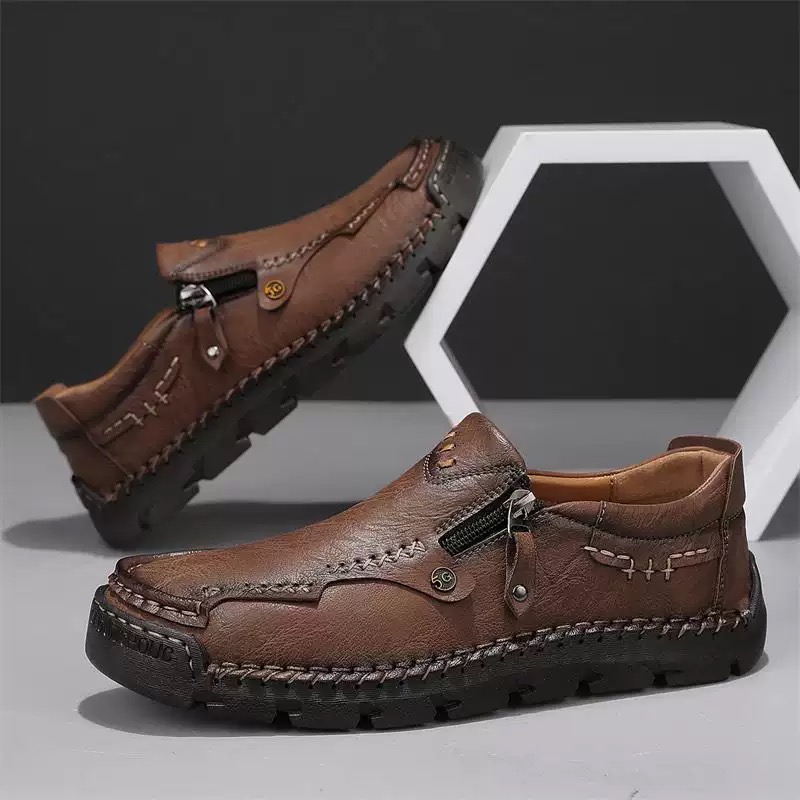 Men Handmade Cowhide Arch Support Zipper Loafers