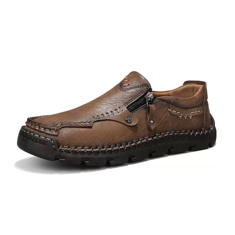 Men Handmade Cowhide Arch Support Zipper Loafers