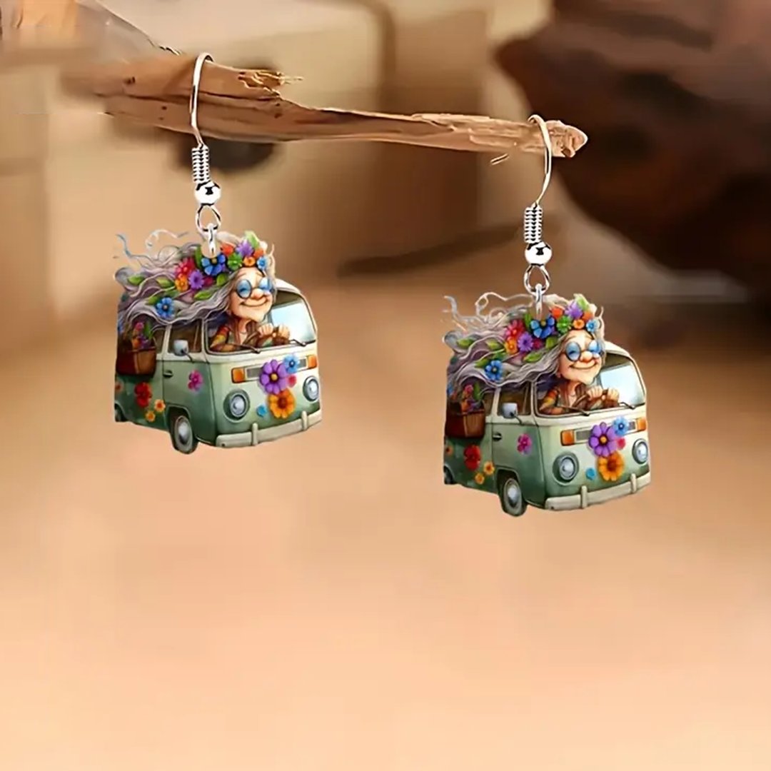 🌸Cute Flowering Van Grandma Pendant Earrings🚐