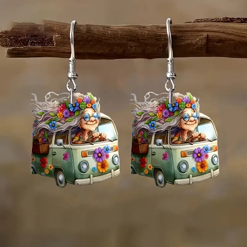 🌸Cute Flowering Van Grandma Pendant Earrings🚐