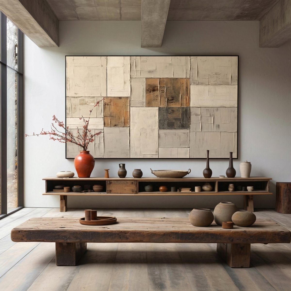 Turnover wabi-sabi abstract painting with textured ivory, sand, bronze and charcoal blocks