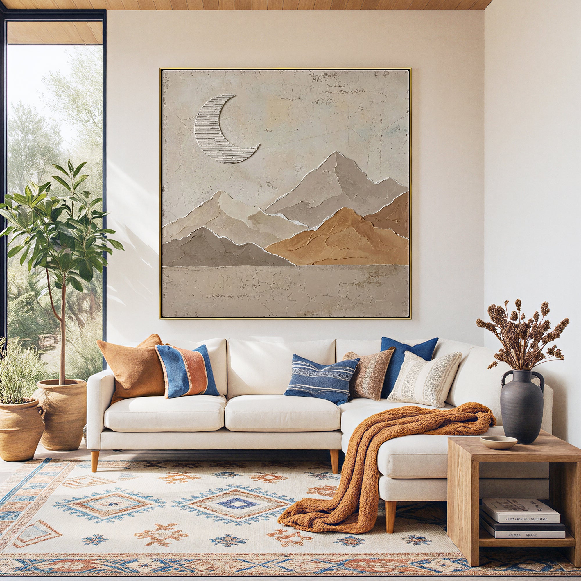 Neutral textured mountain painting with an ivory crescent moon in beige and taupe