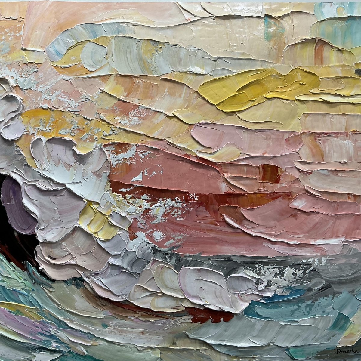 Pink and yellow paint textures in The Painted Wave, with the artist signature preserved