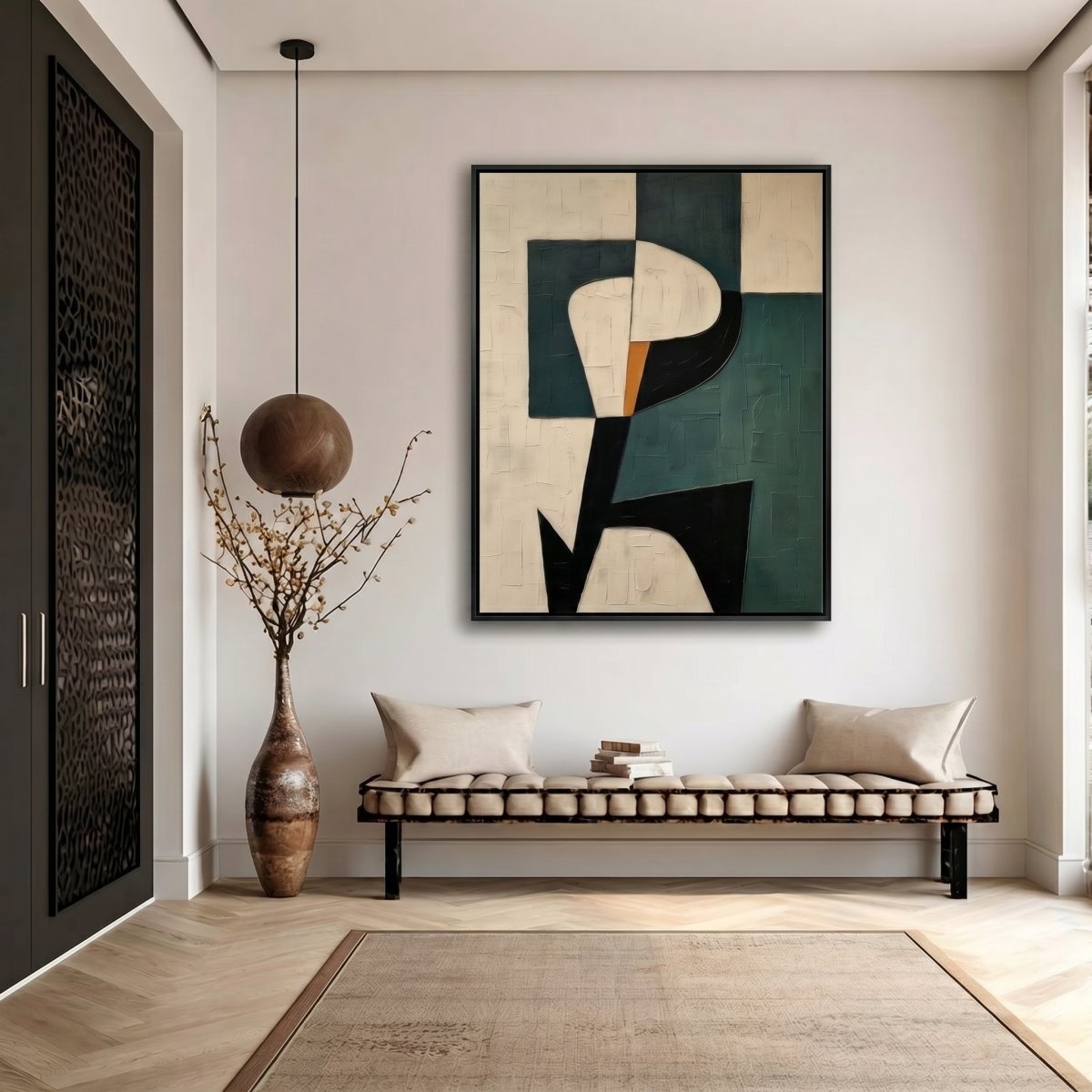 Touche vertical geometric abstract painting in cream, black, deep teal and ochre