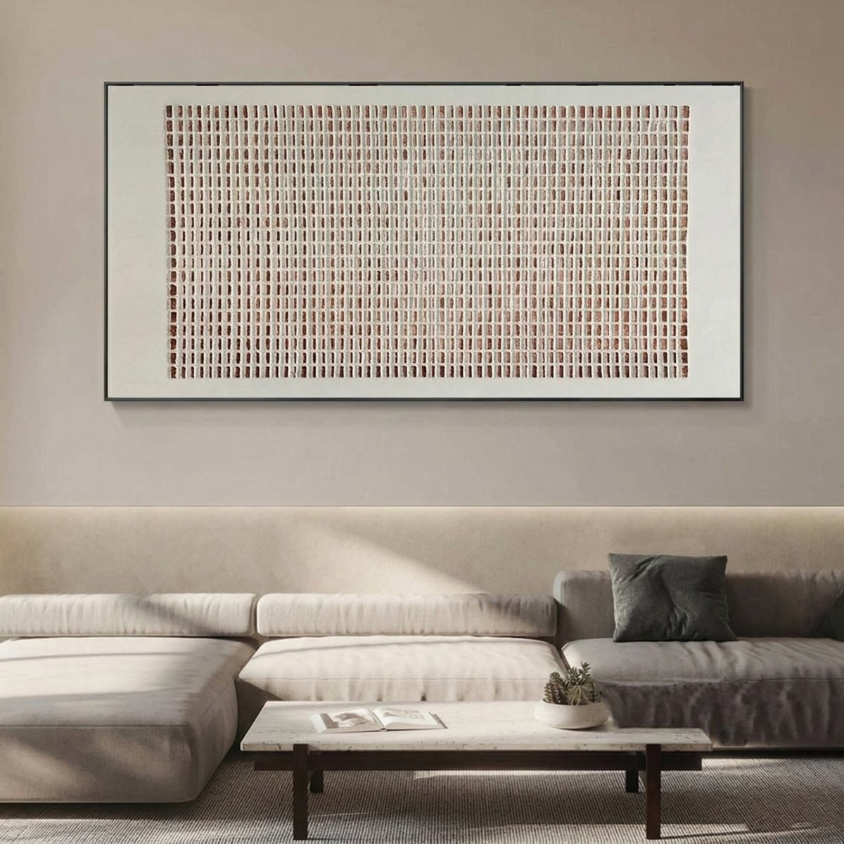 Touchstones horizontal textured painting with repeated clay, rust and off-white marks