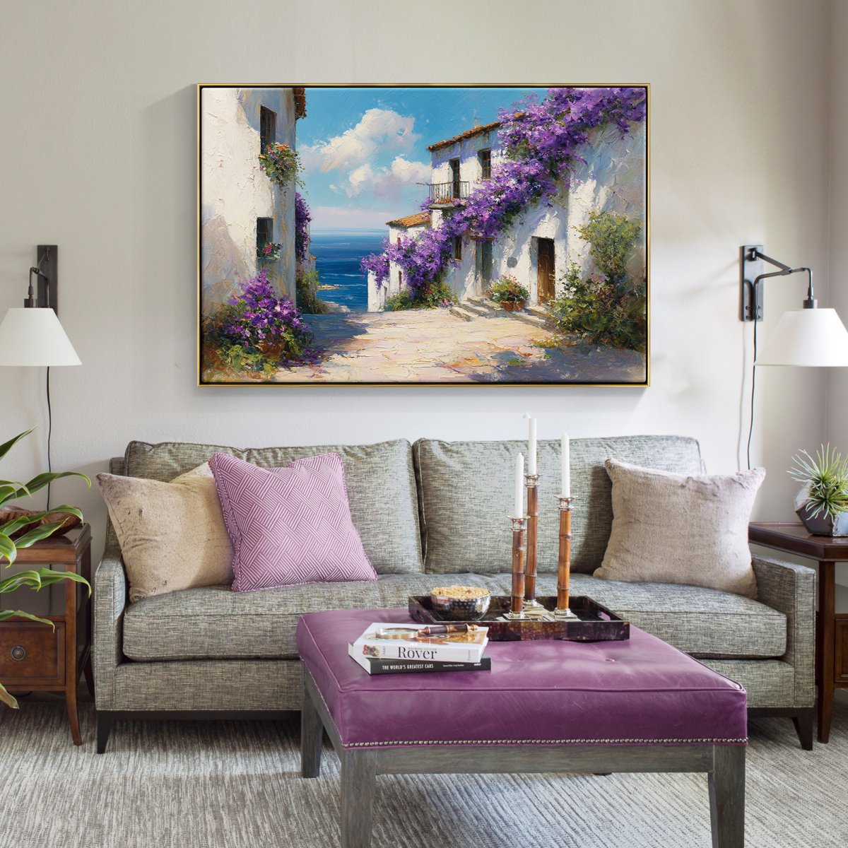 Tropea coastal village painting with white buildings, violet flowers and blue sea