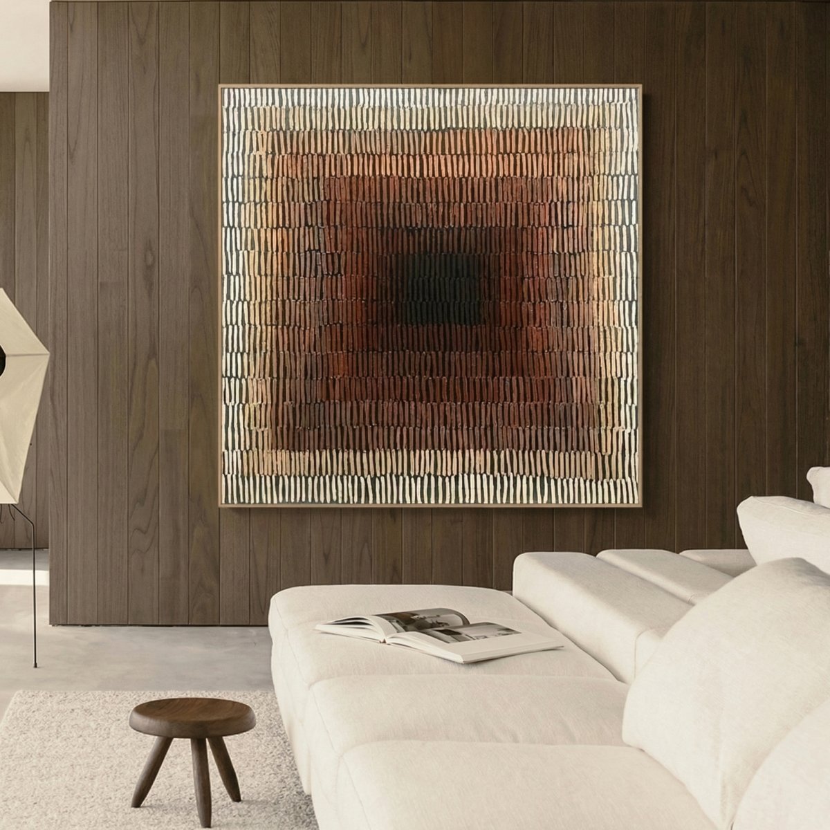 Tunnel Vision square textured painting with repeated cream, terracotta, brown and charcoal marks