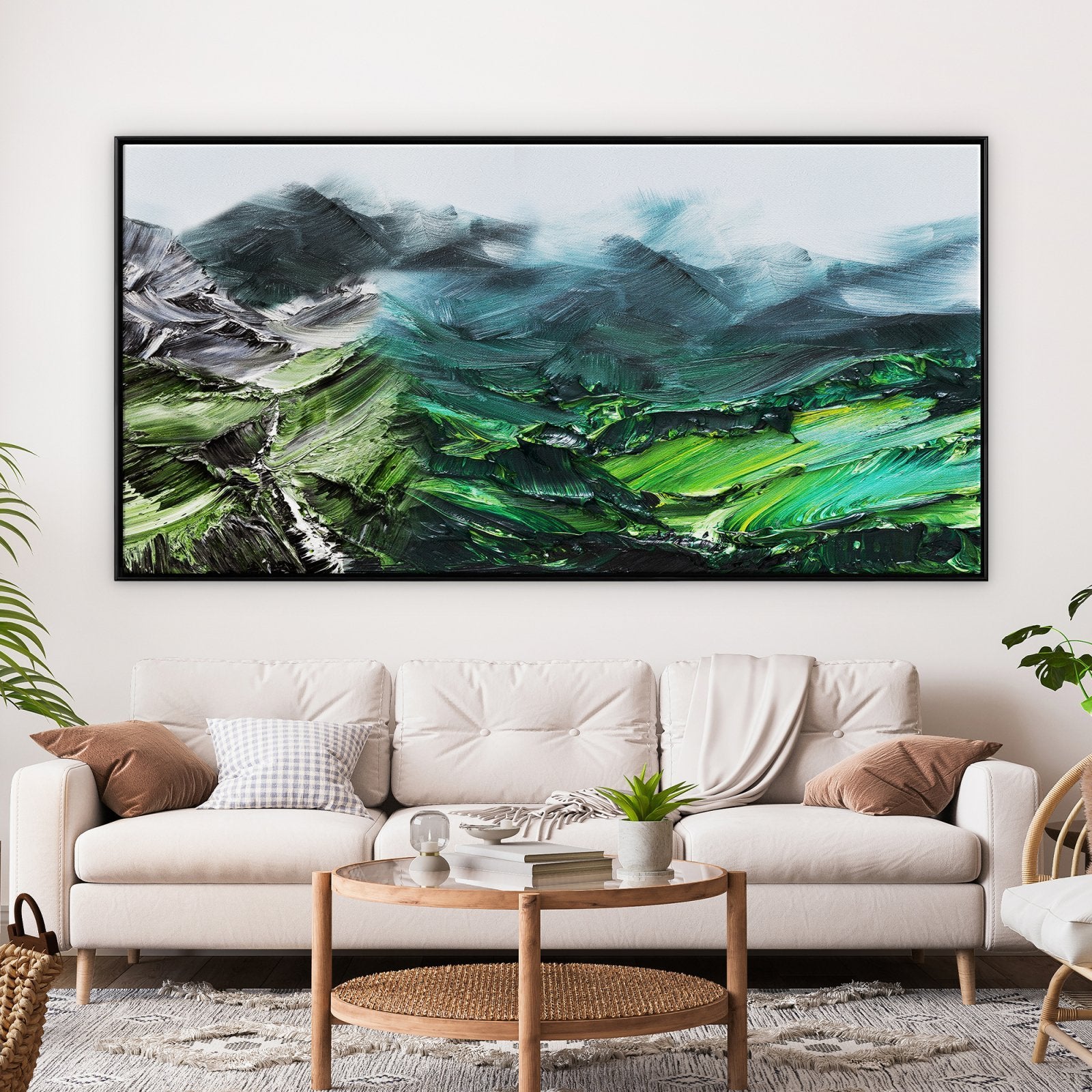 Verdant Mountains panoramic green landscape painting with expressive brushstrokes