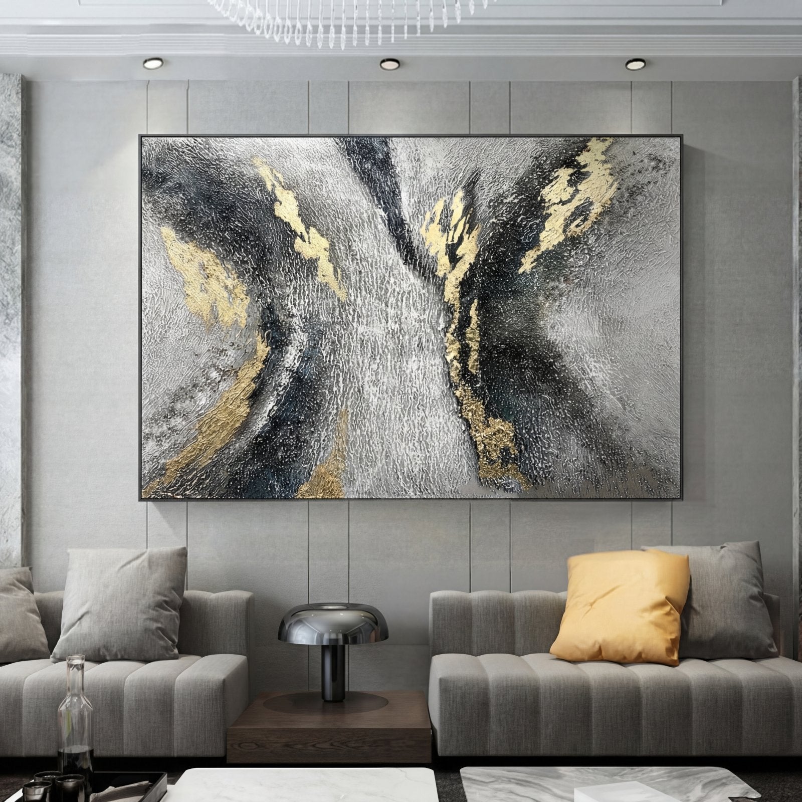 Zebra horizontal textured abstract painting in black, silver-grey, white and gold