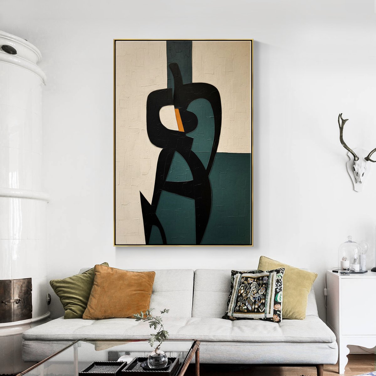 Zelph geometric abstract painting in black, deep teal, cream and ochre
