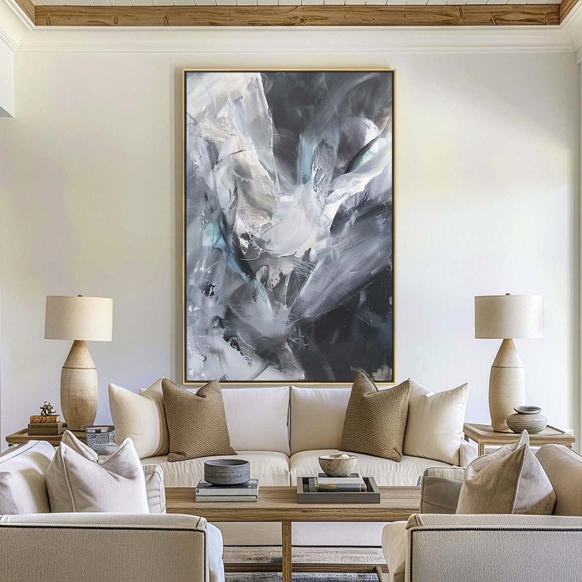Zenith vertical abstract painting with grey, white, charcoal and pale-blue brushwork