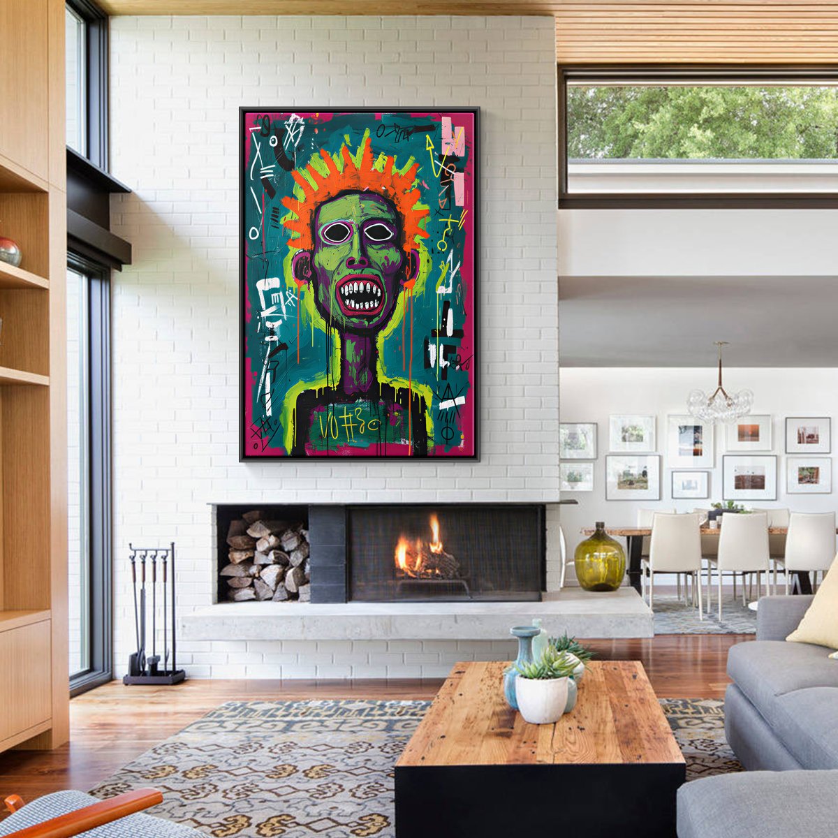 Zombie colourful neo-expressionist portrait painting in green, orange, pink and teal