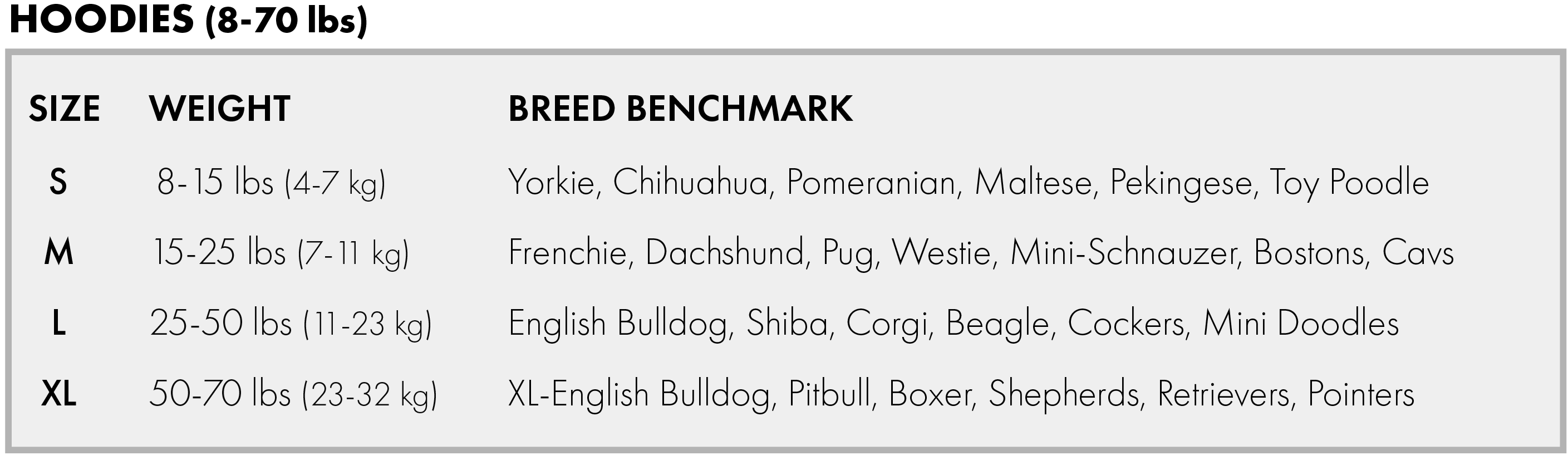 JIBY DOG CREW HOODIE SIZE GUIDE