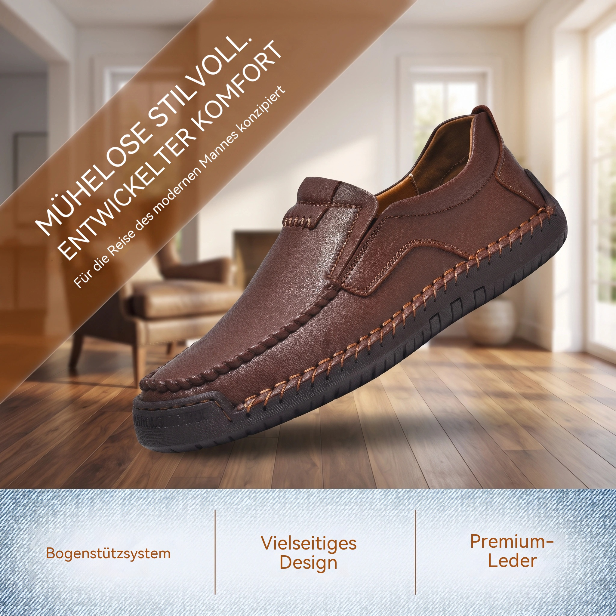 MANTRAFF® Herren-Leder-Loafer – Slip-on, orthopädische Fußgewölbestütze