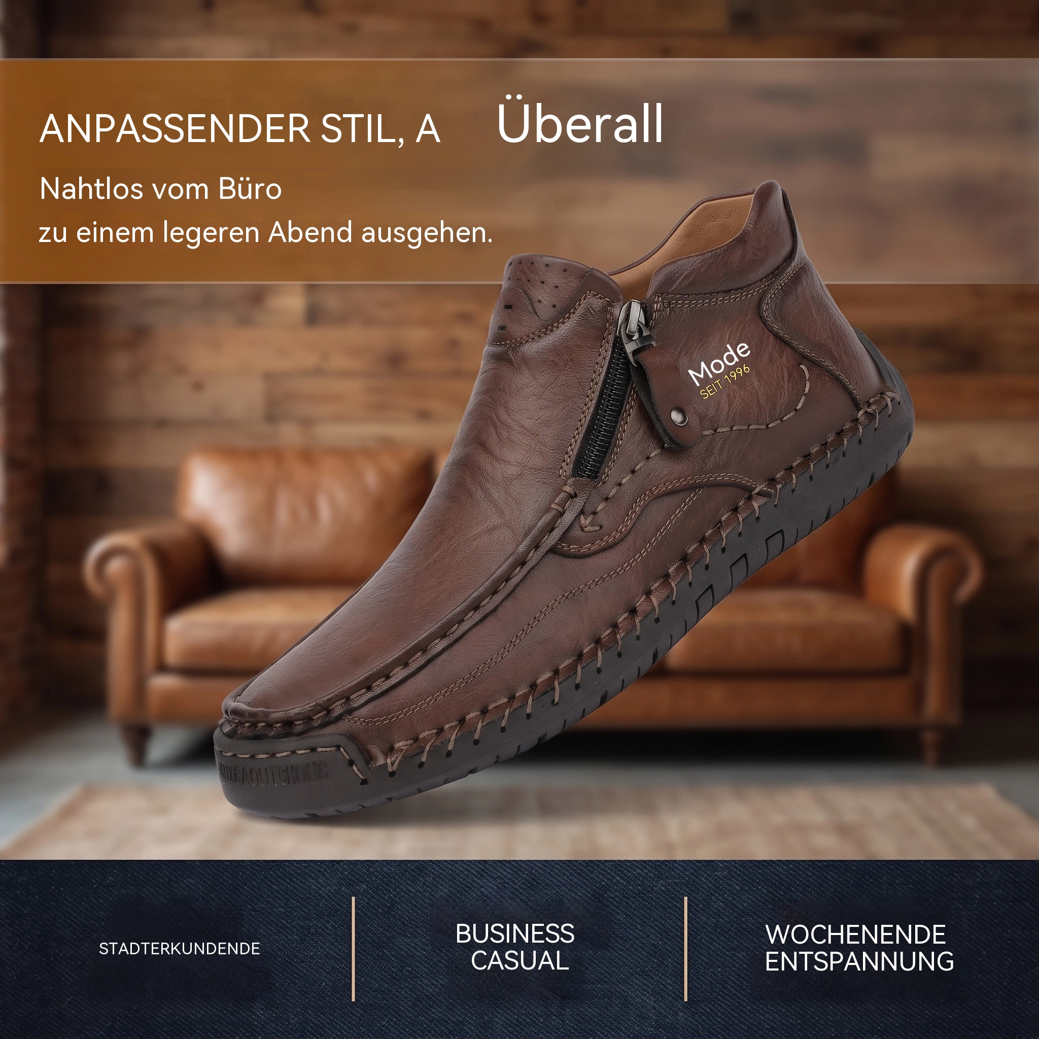 MANTRAFF® Herren-Lederstiefeletten mit Reißverschluss und handgenähten Details