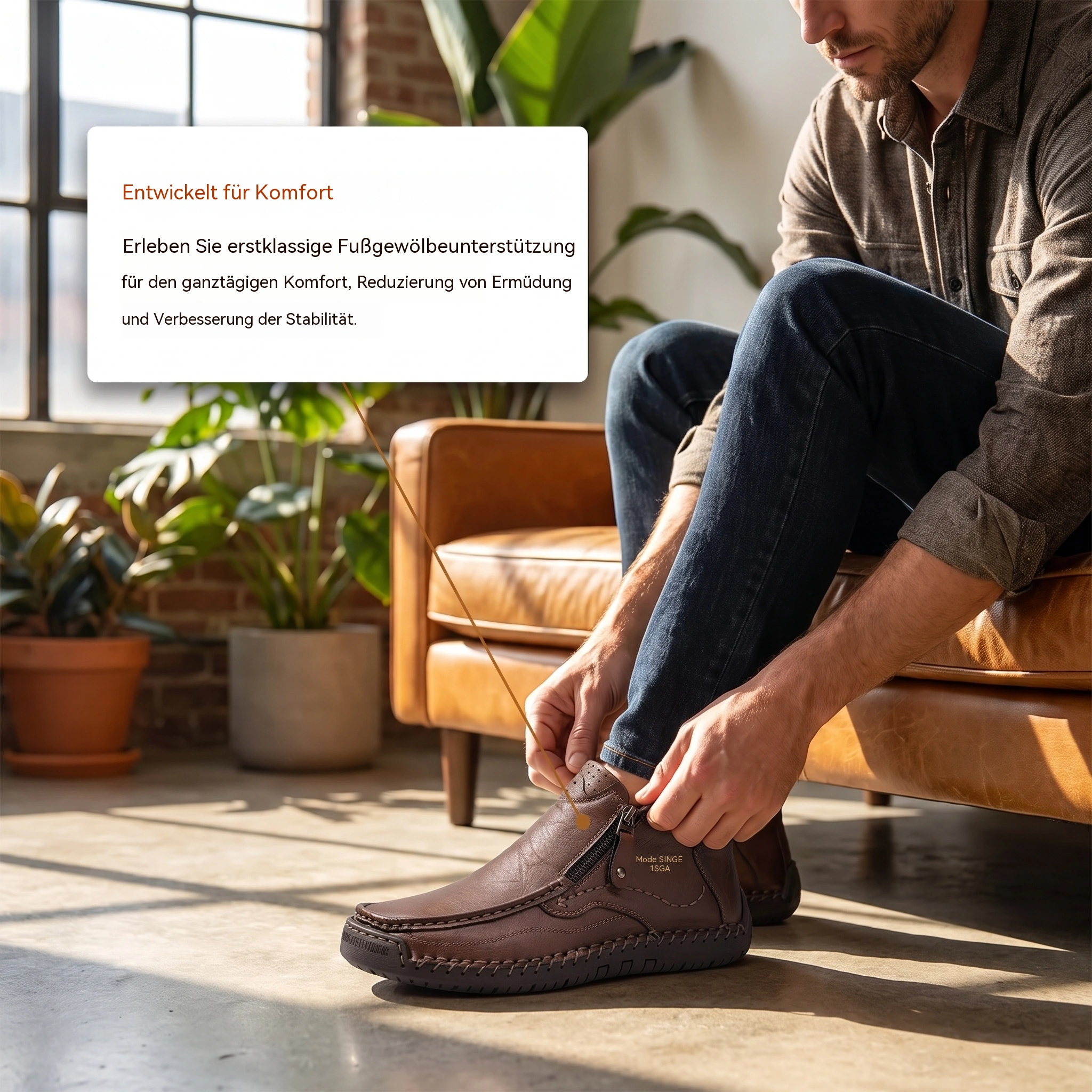 MANTRAFF® Herren-Lederstiefeletten mit Reißverschluss und handgenähten Details